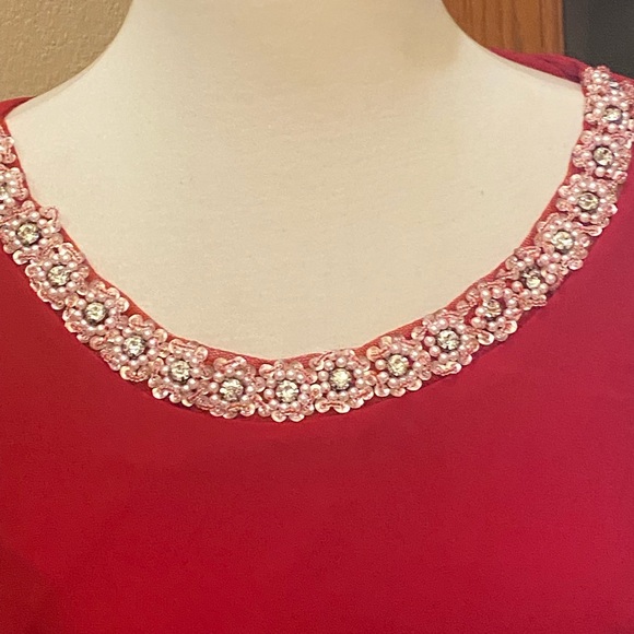 Cranberry red blouse  by Celly K. Beaded neckline with chiffon over - Picture 2 of 8